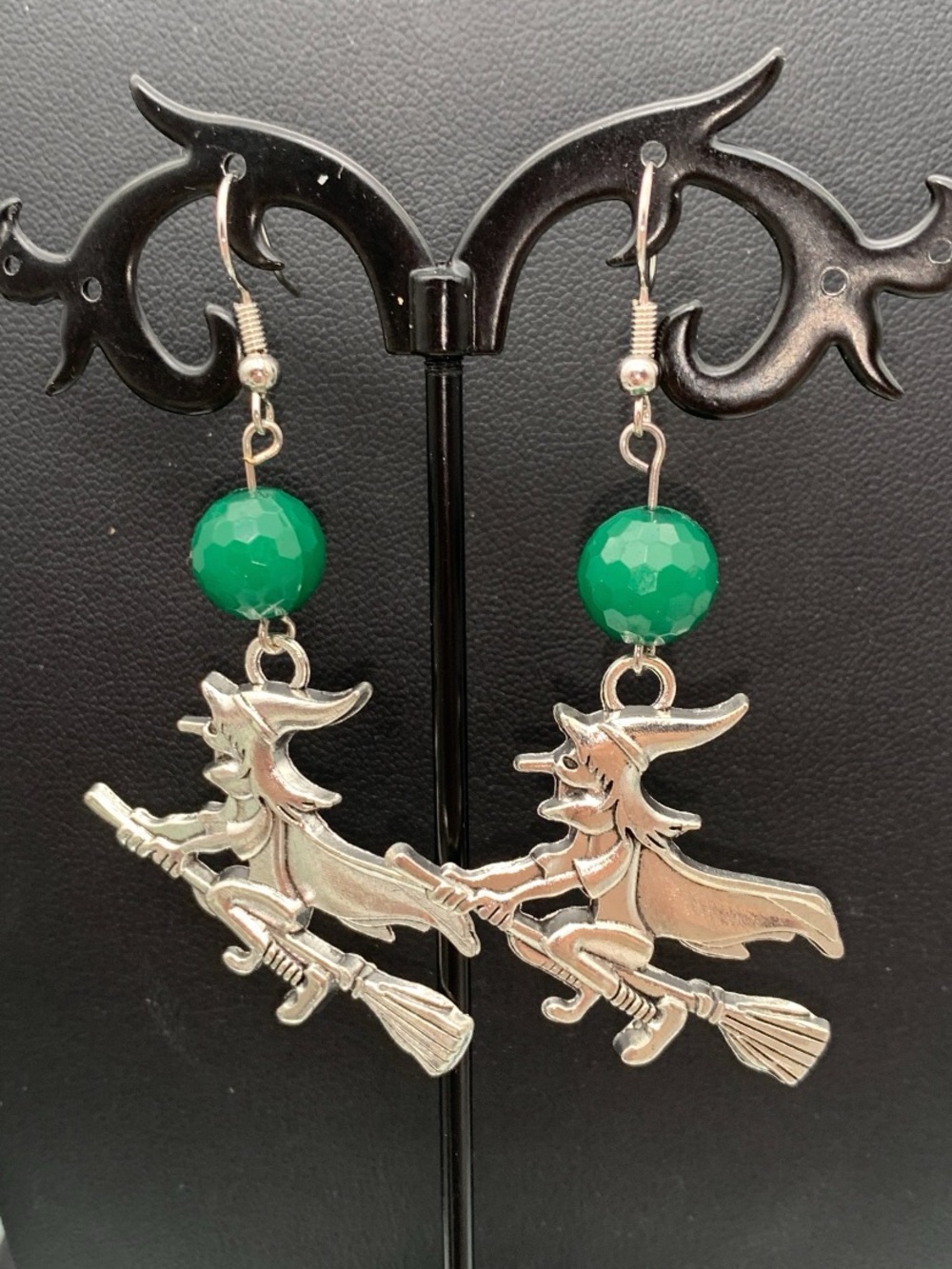 Halloween Silver tone Witch on Broom Dangle Earrings
